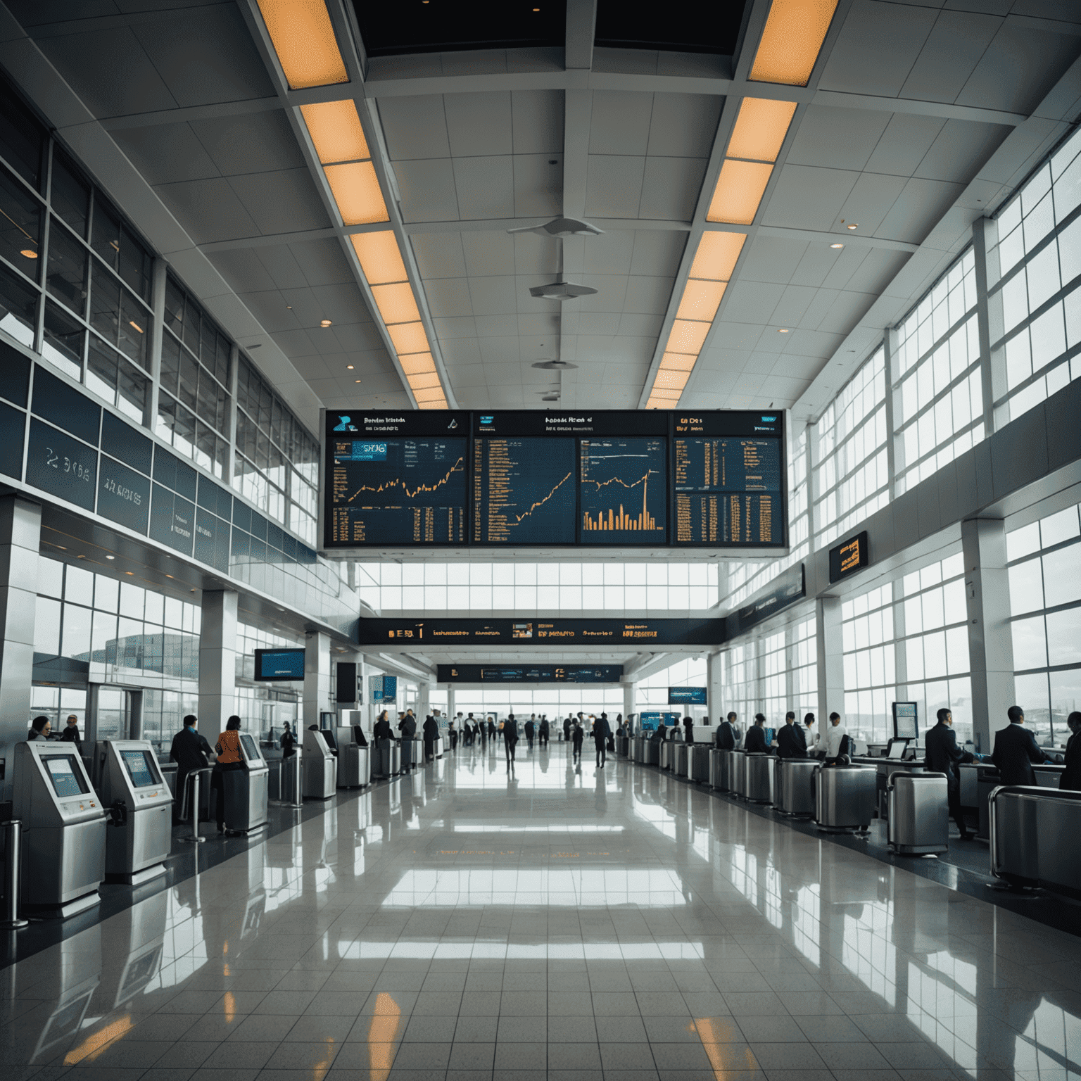 A modern airport terminal with financial graphs and charts overlaid, symbolizing the revolution in aerodrome finance