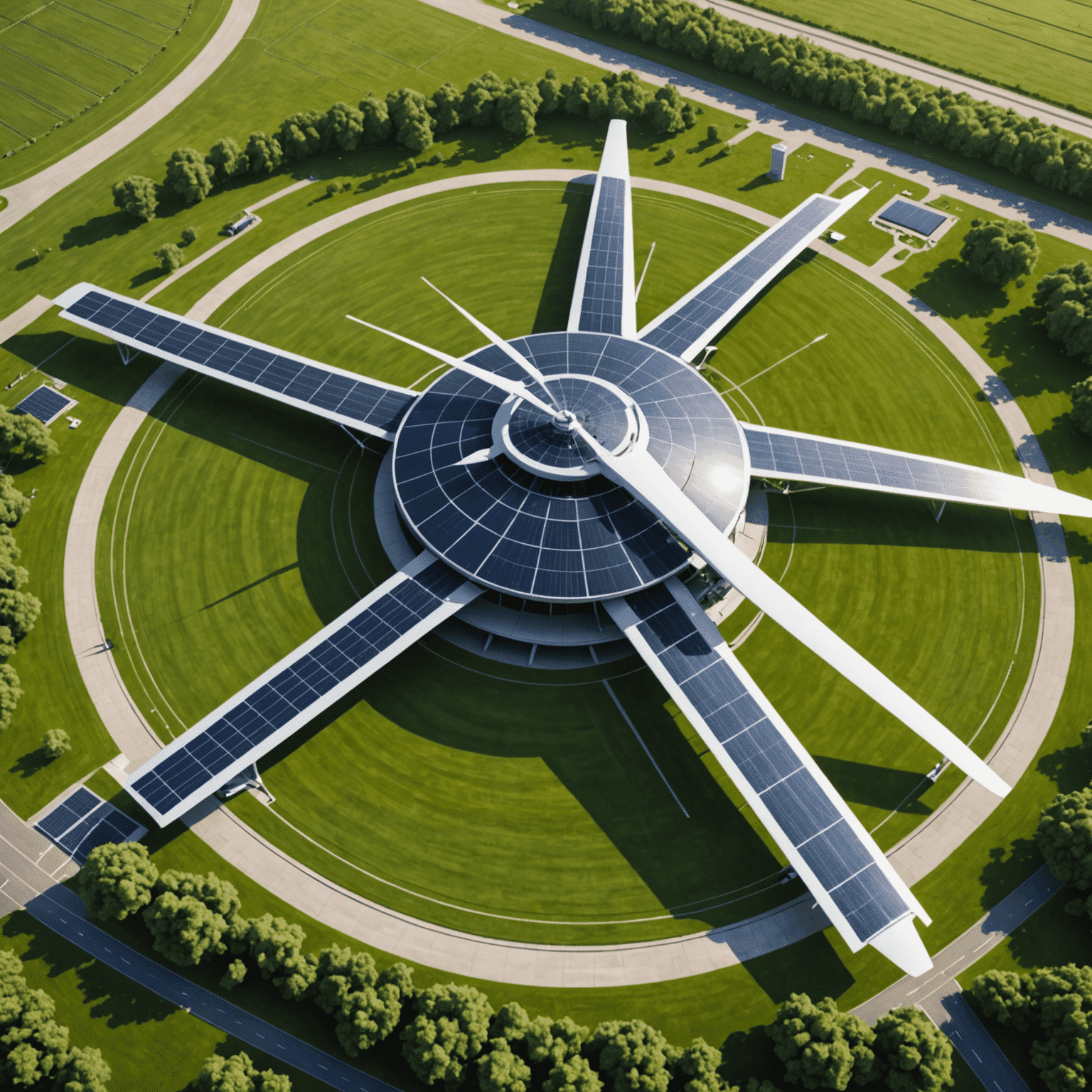 An aerial view of a modern, eco-friendly aerodrome with solar panels, wind turbines, and green spaces integrated into the design