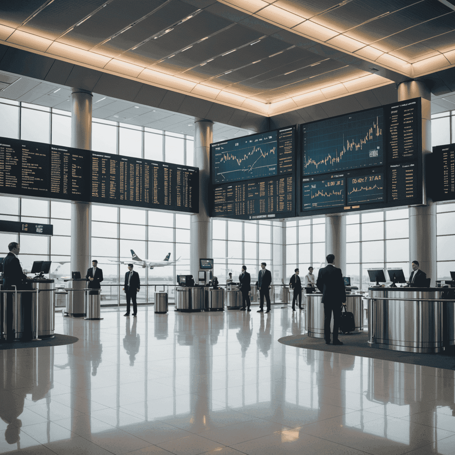 A modern airport terminal with financial charts and graphs overlaid, representing investment strategies in aerodrome finance