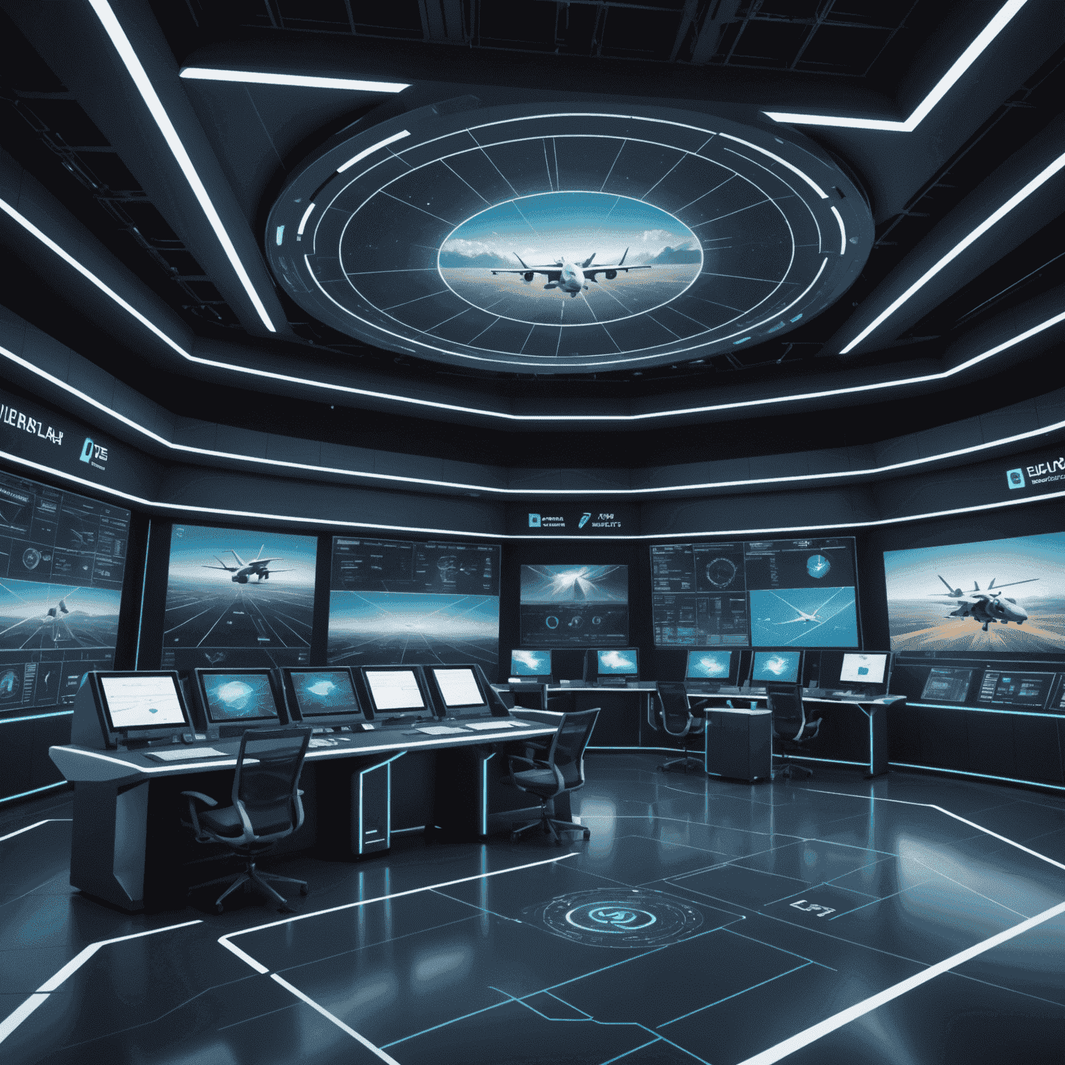 A futuristic aerodrome with advanced financial systems displayed on holographic screens, showcasing revolutionary changes in aerodrome finance