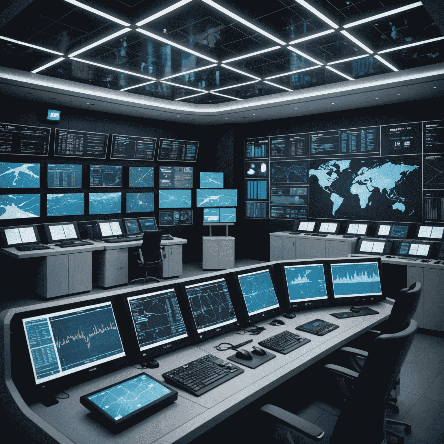 A futuristic control room with holographic displays showing financial data and airport operations