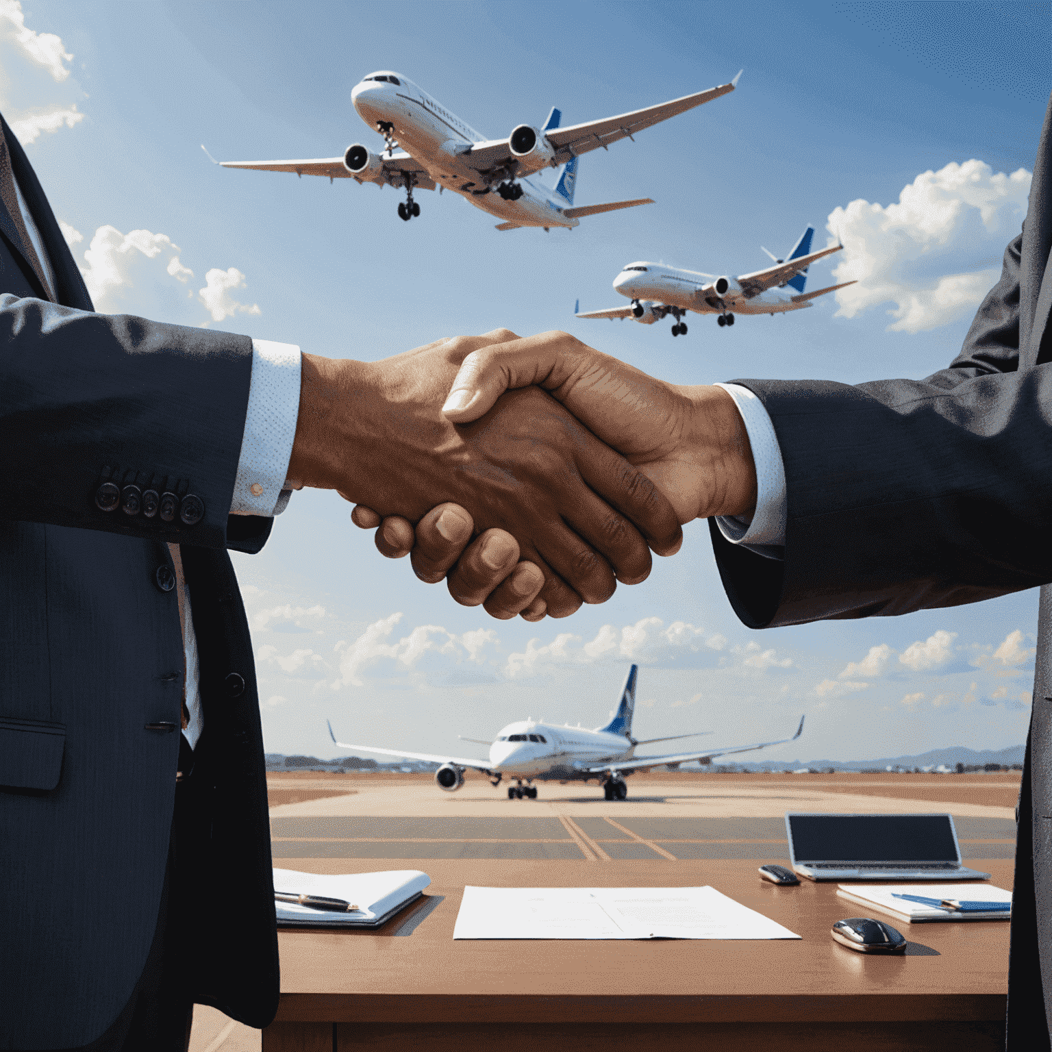 A handshake between a government official and a private investor, symbolizing a public-private partnership for aerodrome development