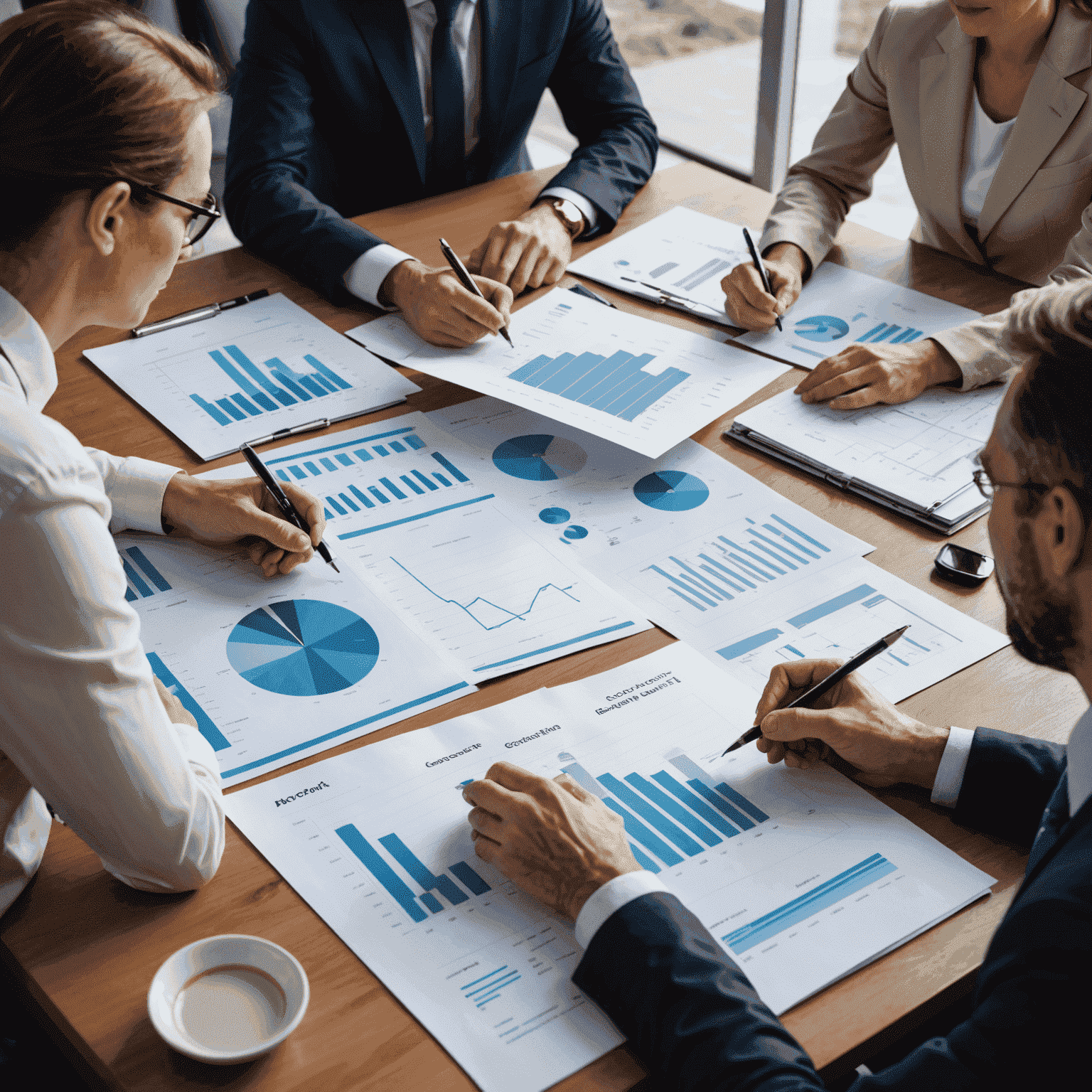 A professional financial planner discussing aerodrome sector plans with clients, using charts and graphs to illustrate long-term growth projections