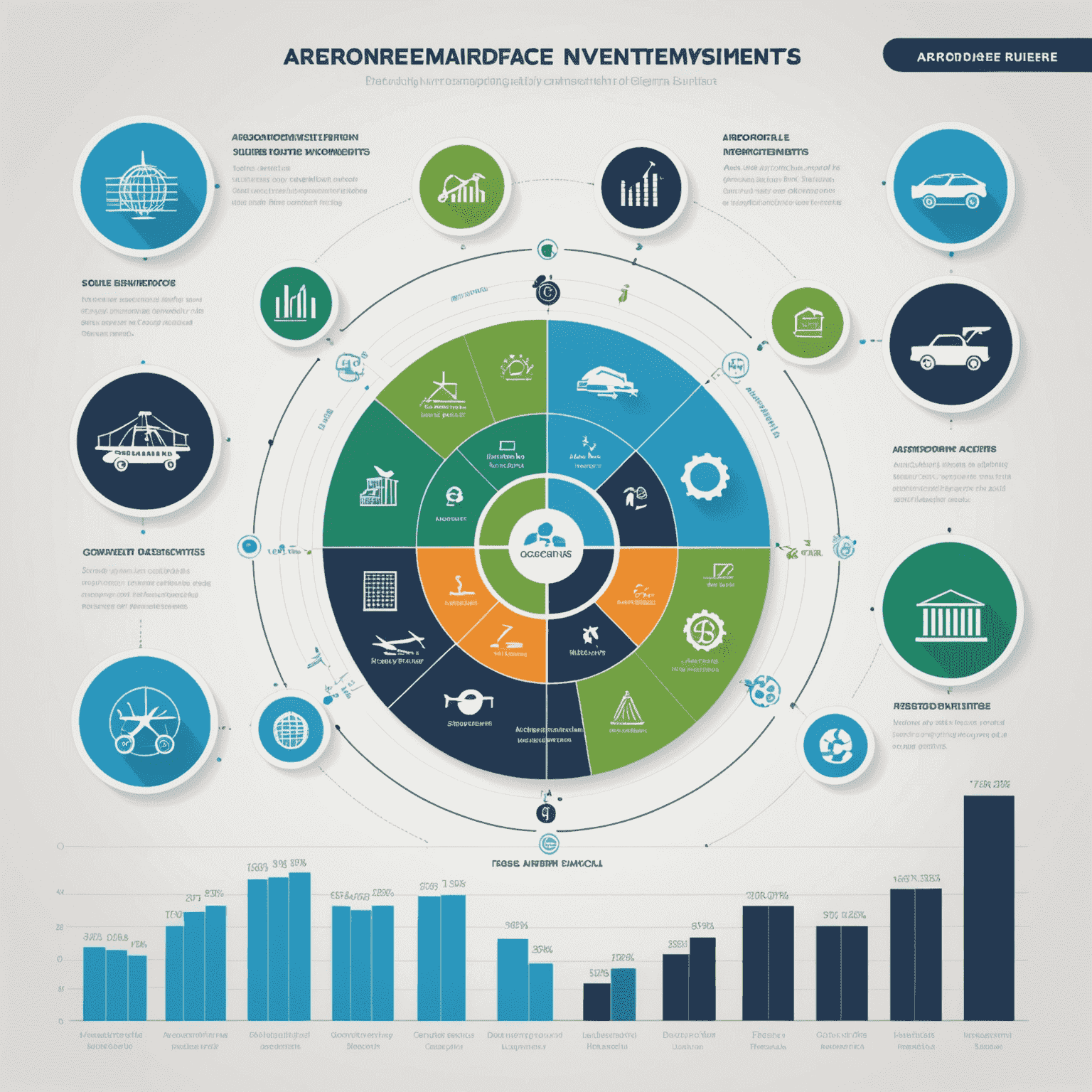 A graph showing the upward trend of aerodrome finance investments, with icons representing different investment areas such as infrastructure, technology, and sustainability