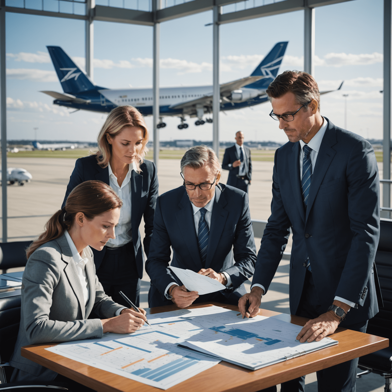 A montage of aerodrome professionals meeting with financial advisors, reviewing charts and plans, with a backdrop of a busy airport terminal