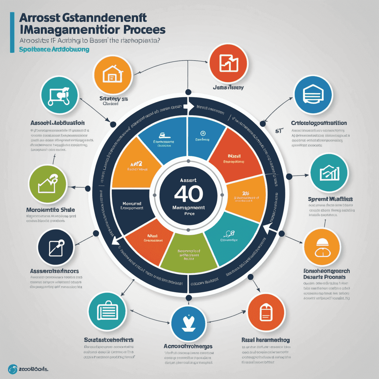 Infographic showing the 5-step asset management process for aerodromes, including assessment, strategy development, implementation, monitoring, and reporting.