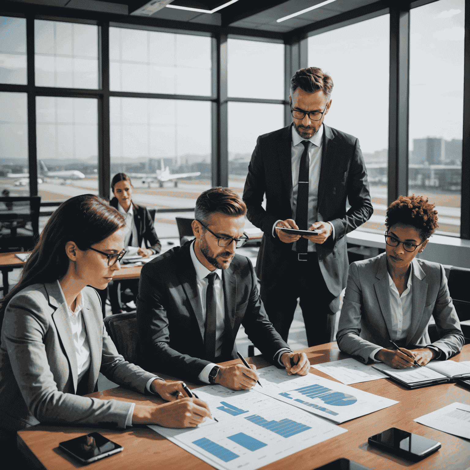 A team of diverse financial experts analyzing aerodrome financial data and discussing risk mitigation strategies in a modern office setting