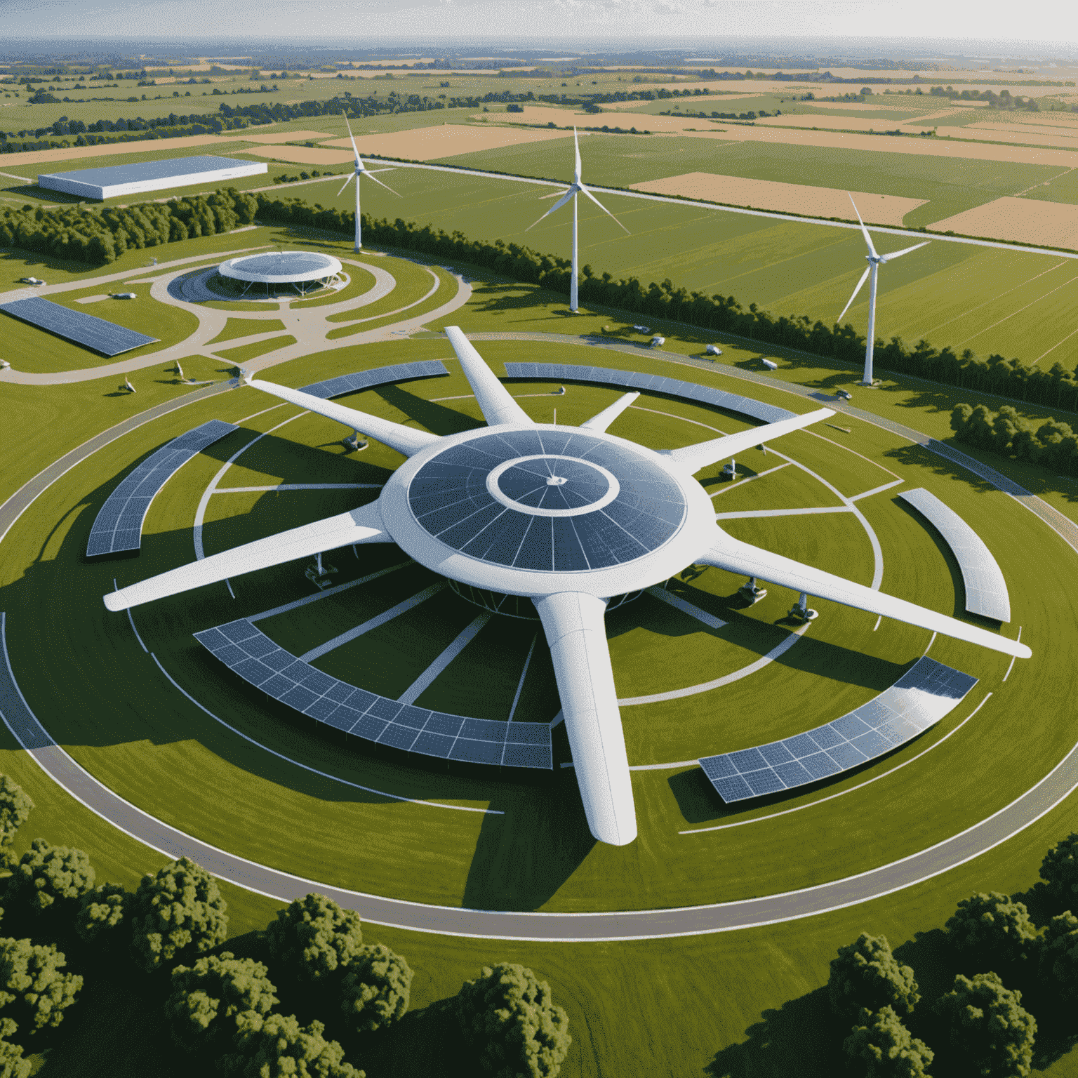 A modern, eco-friendly aerodrome with solar panels and wind turbines, symbolizing sustainable funding strategies for advanced aerodrome projects