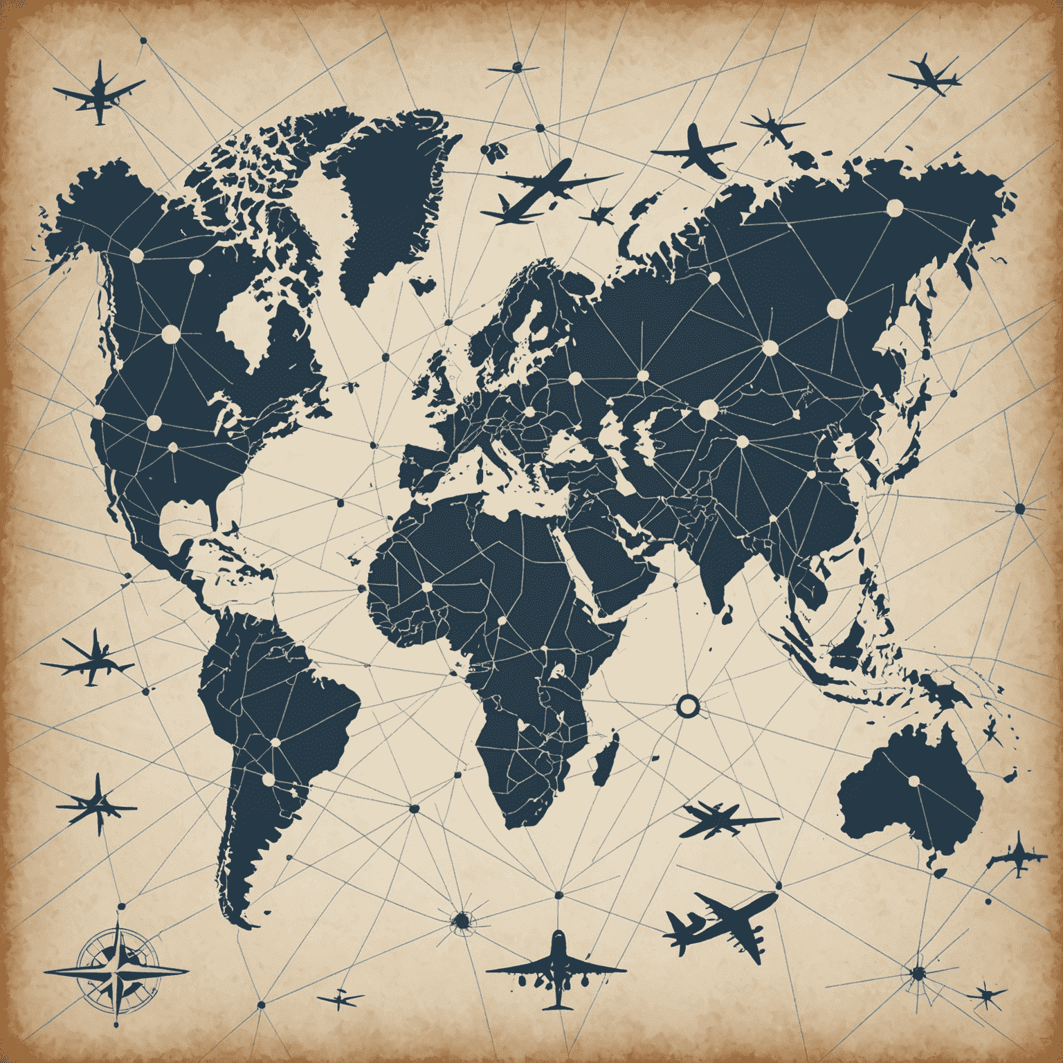 A world map with connecting lines between various airports, symbolizing global financial collaboration