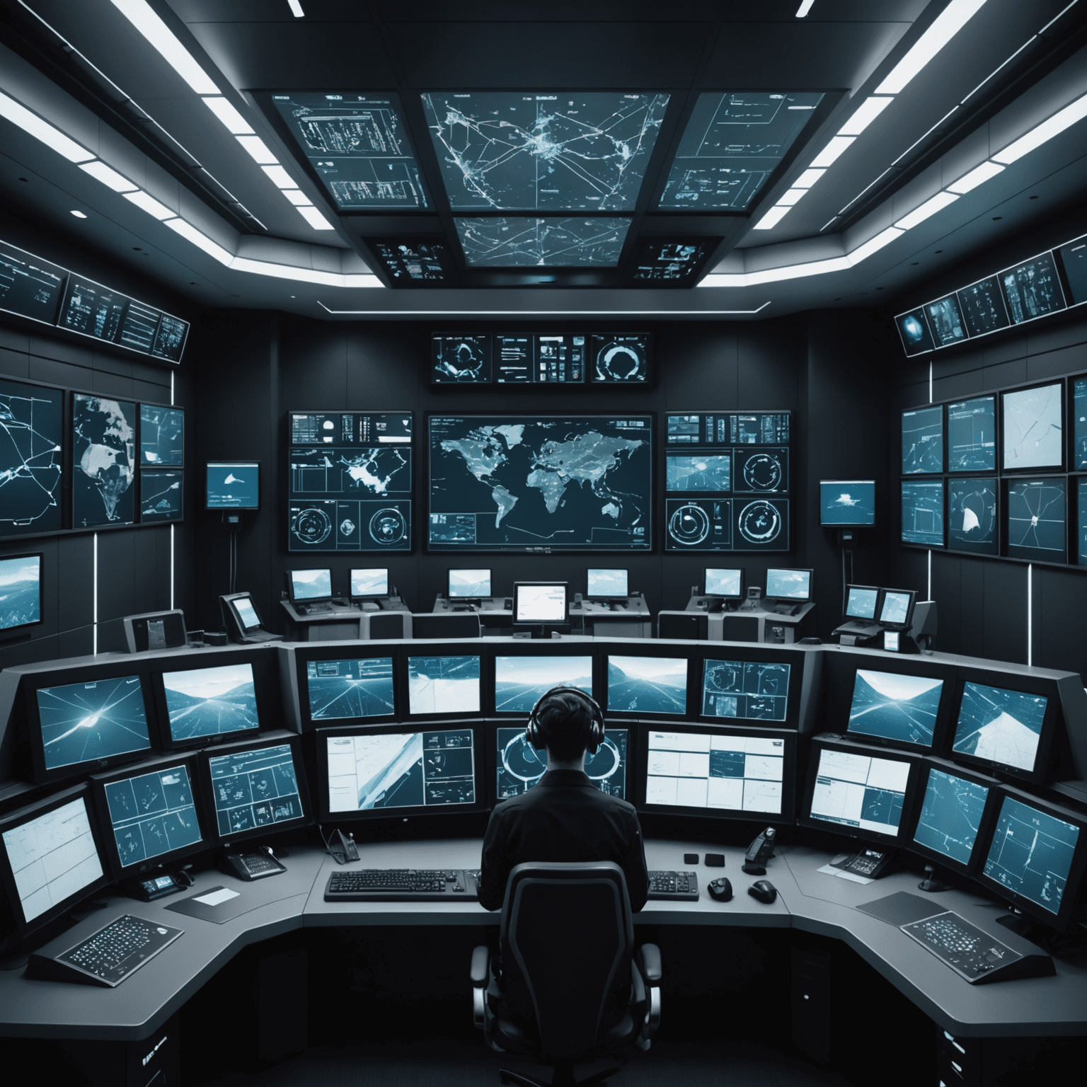 A futuristic control room with multiple screens displaying various aerodrome operations and data analytics