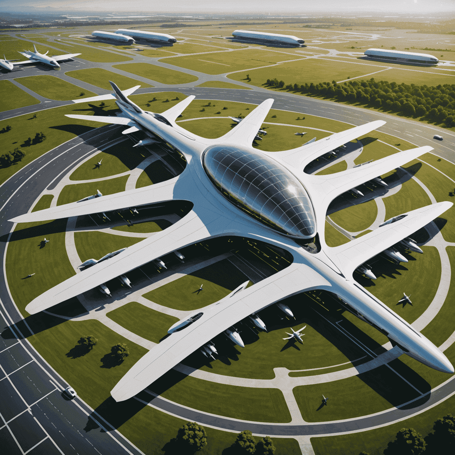 Futuristic aerodrome concept with sustainable design elements, advanced technology integration, and multi-modal transportation connections