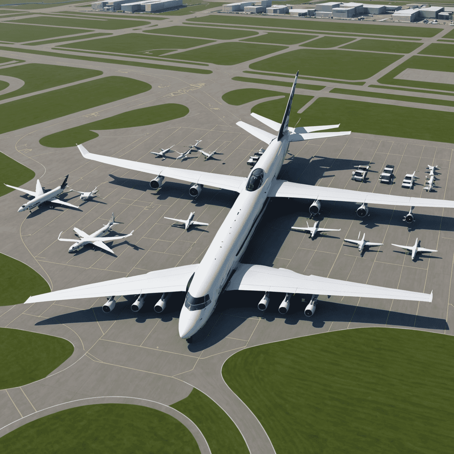 A modern aerodrome with various assets highlighted, including runways, terminals, and advanced technology systems, representing professional asset management