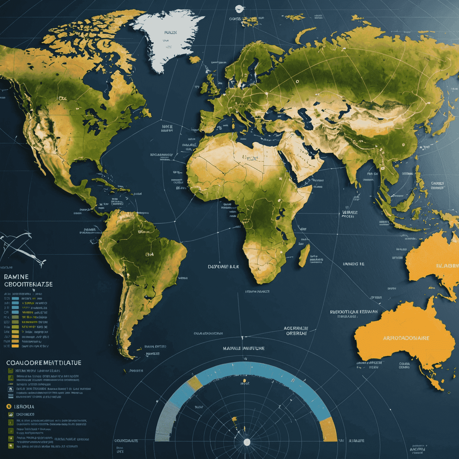 A world map with highlighted aerodrome locations and financial graphs, illustrating global investment trends in aerodrome infrastructure